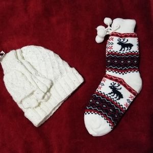 Holiday White Beanie & Cozy Sock Bundle